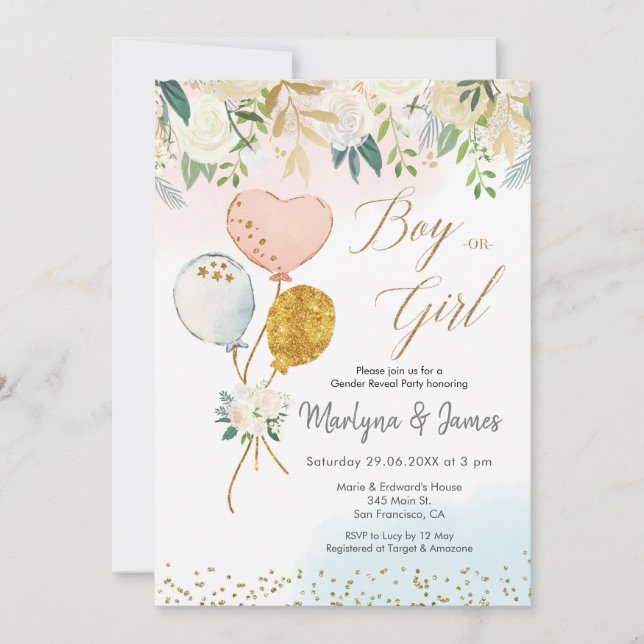 He or She Balloon Gender Reveal Invitation (Front)