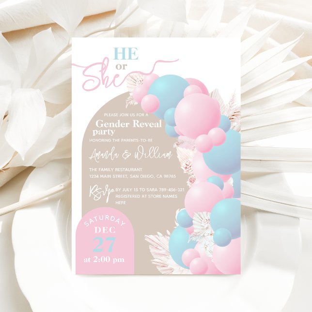 He or She Balloon Modern Gender reveal party   Invitation (Creator Uploaded)