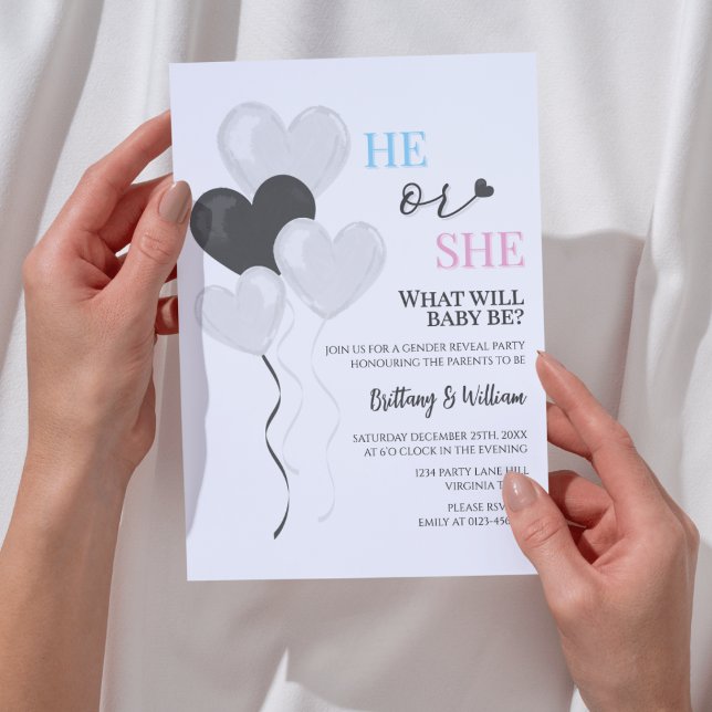 He or She Balloon Theme Minimalist Gender Reveal Invitation (Creator Uploaded)
