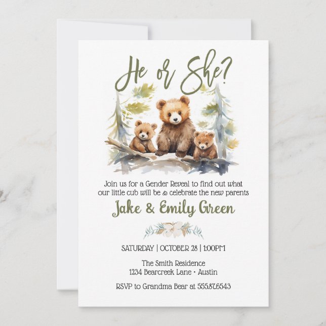 He or She Bear Gender Reveal Little Cub Invitation (Front)