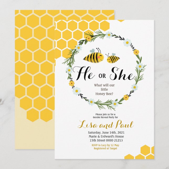 He or She Bee Gender Reveal Invitation (Front/Back)