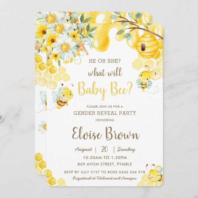 He or She Bee Yellow Floral Gender Reveal Party Invitation (Front/Back)