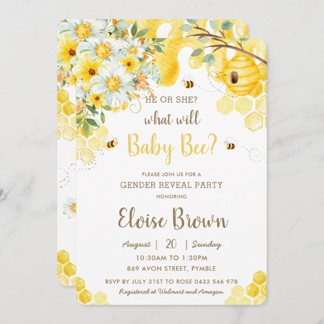 He or She Bees Yellow Floral Gender Reveal Party  Invitation (Front/Back)