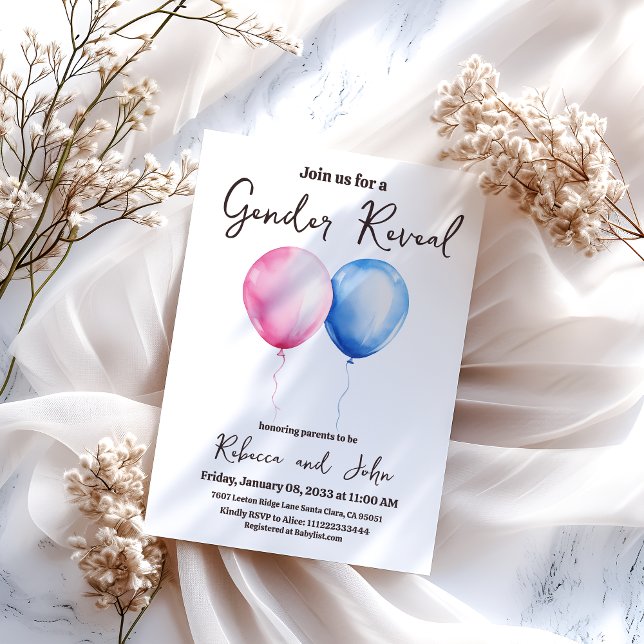 He or She Blue and Pink Balloon Gender Reveal Invitation (Creator Uploaded)