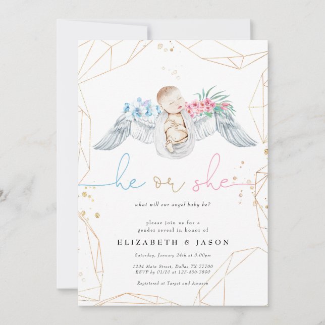 He or She Blue Pink Angel Glitter Gender Reveal Invitation (Front)
