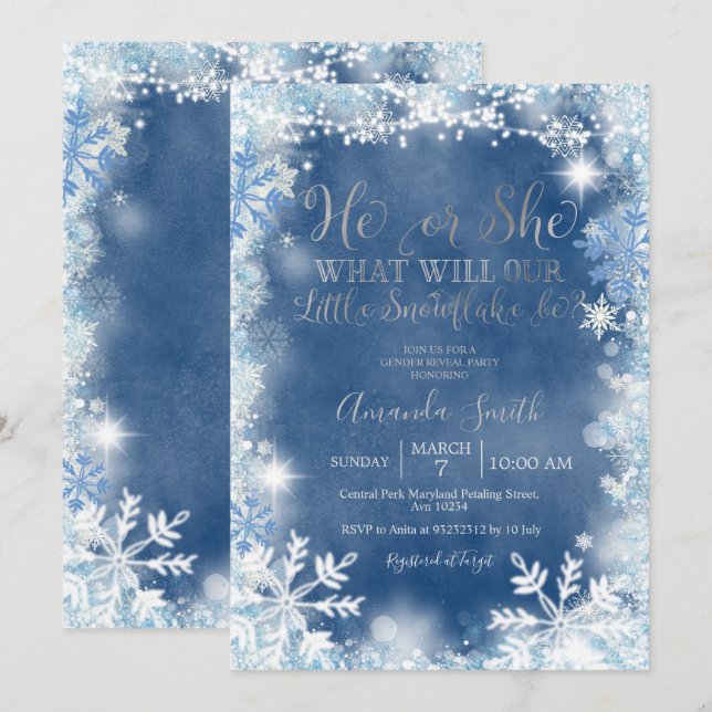 He or She Blue Silver Snowflakes Gender Reveal  Invitation (Front/Back)