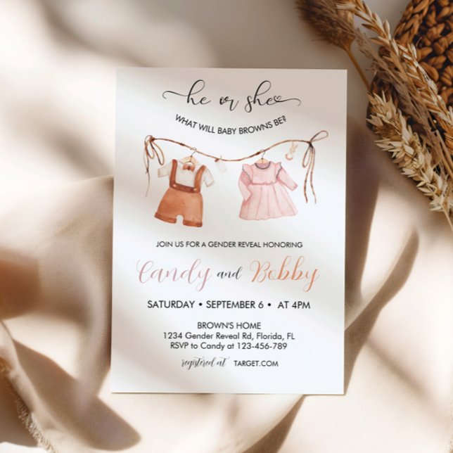 He or She Boho Clothesline Gender Reveal Invitation (Creator Uploaded)