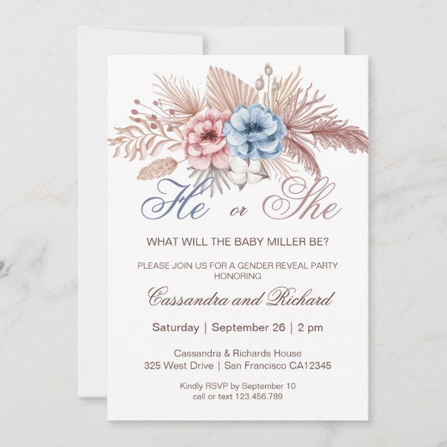 He or She Boho Gender Reveal Party Invitation (Front)