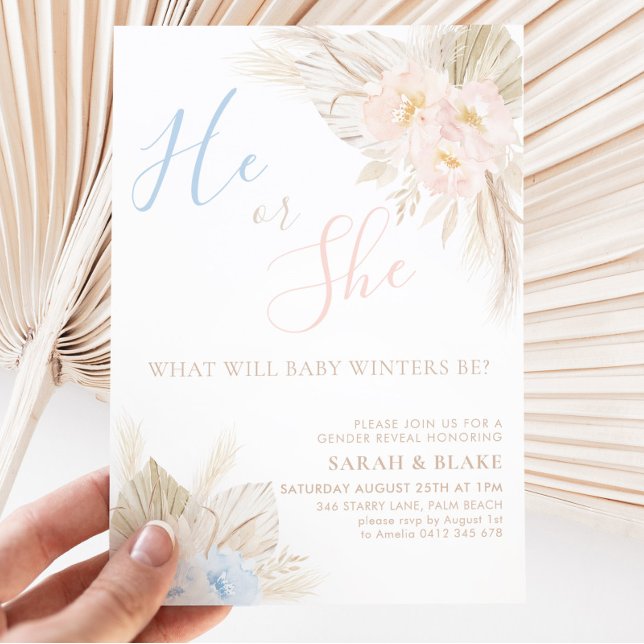 He Or She Boho Pink Blue Gender Reveal Invitation (Creator Uploaded)