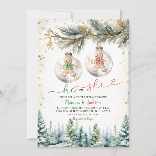 He or She Christmas Baubles Gender Reveal Holiday Invitation (Front)