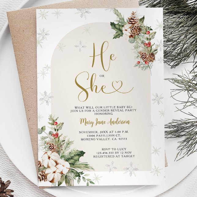 He or She Christmas Floral Gender Reveal Invitation (Creator Uploaded)