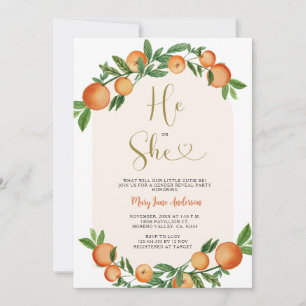 He or She Citrus Orange Greenery Gender Reveal Invitation