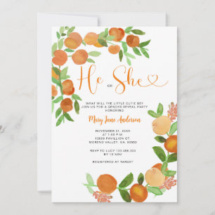 He or She Citrus Orange Greenery Gender Reveal Invitation