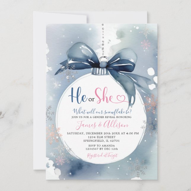 He Or She Dusty Blue Winter Ornament Gender Reveal Invitation (Front)