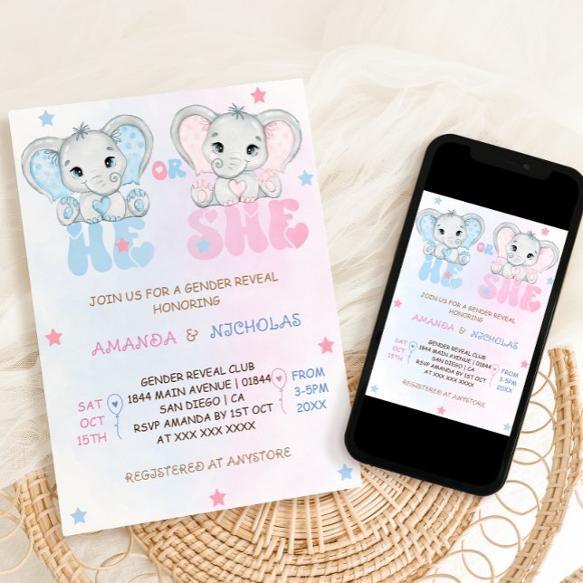 He or She Elephant Gender Reveal  Invitation (Creator Uploaded)