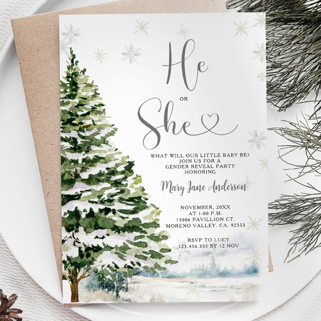 He or She Evergreen Winter Gender Reveal Invitation (Creator Uploaded)