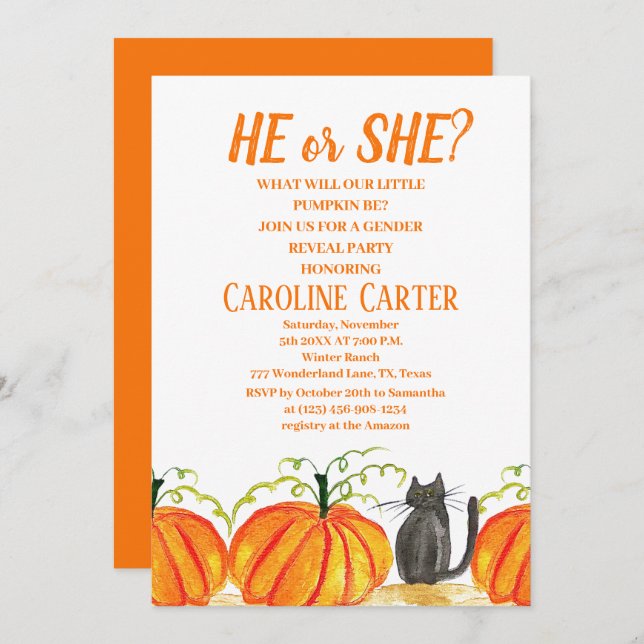 He or She Fall Pumpkin Gender Reveal Invitation (Front/Back)