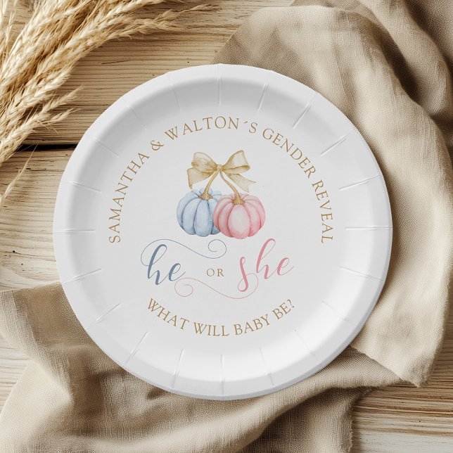 He or She Fall Pumpkin Gender Reveal Paper Plates (Creator Uploaded)