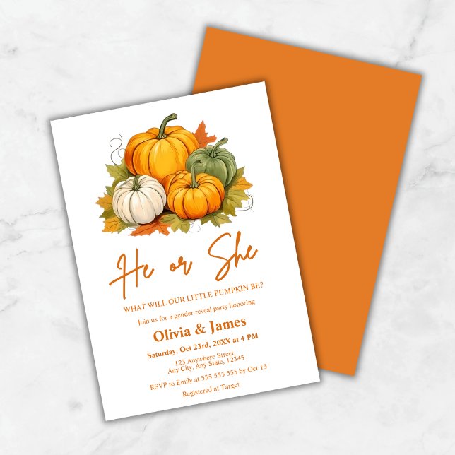 He or She Fall Pumpkin Gender Reveal Party Invitation (He or She Fall Pumpkin Gender Reveal Party Invitation )