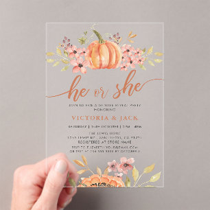 He or She Fall Pumpkin Rustic Boho Gender Reveal Acrylic Invitations
