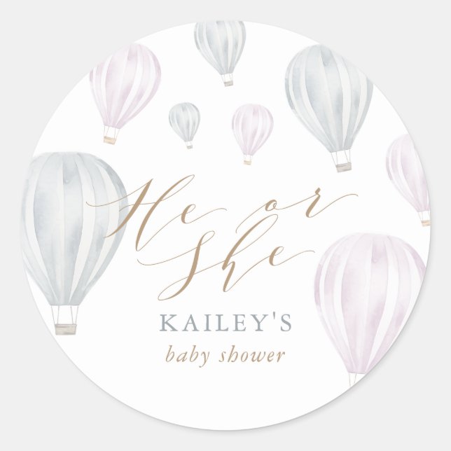 He or She Gender Reveal Air Balloon Baby Shower Classic Round Sticker (Front)