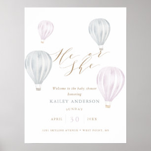 He or She Gender Reveal Air Balloon Baby Shower Poster