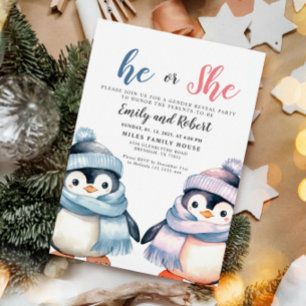He or She, Gender Reveal, Baby Shower Penguin  Invitation