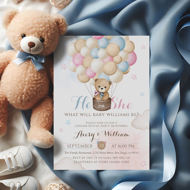He or She Gender Reveal Bear Balloon Baby Shower Invitation (Creator Uploaded)