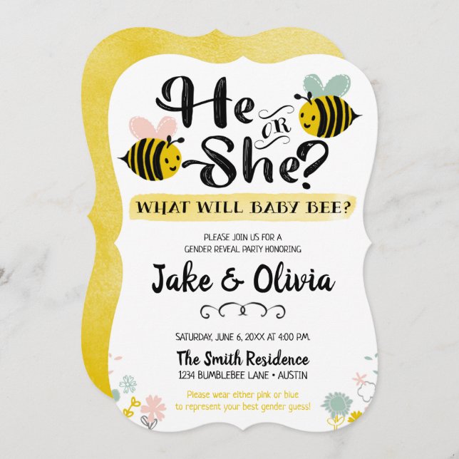 He or She Gender Reveal Bee Baby Bumblebee Invitation (Front/Back)