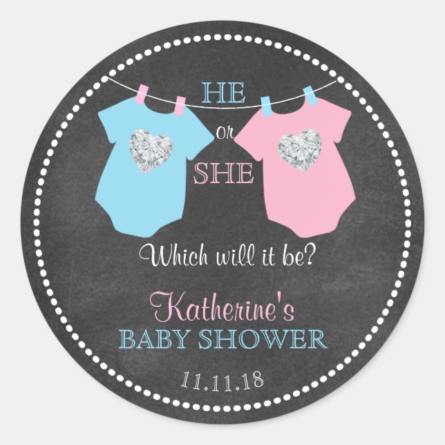 He or She Gender Reveal Chalkboard Baby Shower Classic Round Sticker (Front)