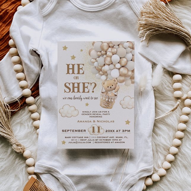 He or She Gender Reveal Teddy Bear Balloons  Invitation (Creator Uploaded)