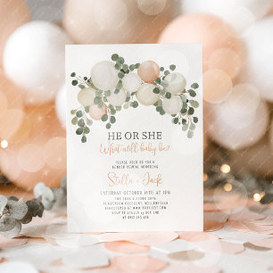 He or She Greenery Balloon Garland Gender Reveal  Invitation
