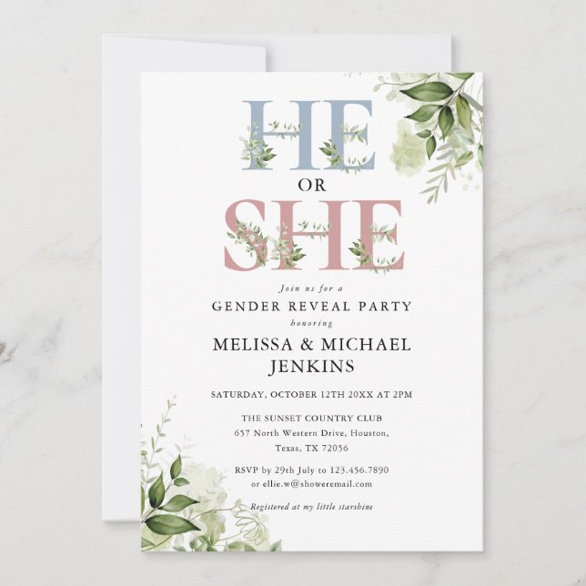 He Or She Greenery Letter Gender Reveal Party Invitation (Front)