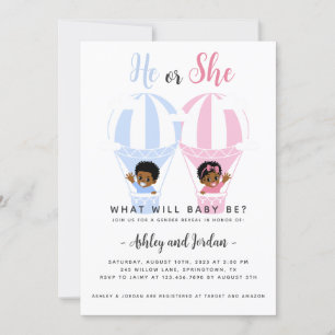 He or She Hot Air Balloon Gender Reveal Invitation