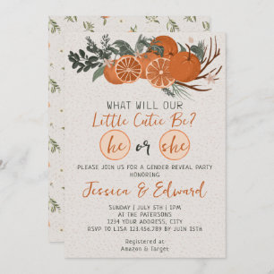 He or She Little Cutie Citrus Orange Gender Reveal Invitation