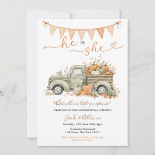 He or She Little Pumpkin Gender Reveal Fall Truck  Invitation
