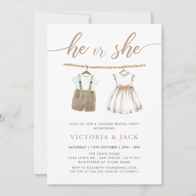 He or She Neutral Baby Clothes Gender Reveal Invitation (Front)