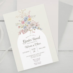 He or She Pastel Floral Arch Gender Reveal Invitation
