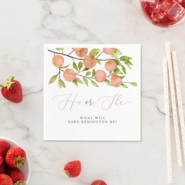 He or She Peach Gender Reveal Party Napkins (Insitu)