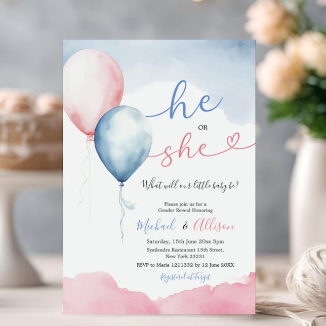 He Or She Pink And Blue Balloon Gender Reveal Invitation (Creator Uploaded)