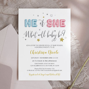 He or She Pink and Blue Foil Balloons Baby Shower Invitation