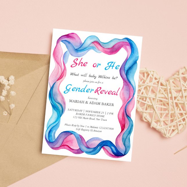 He or she pink and blue wavy ribbon gender reveal invitation (He or she pink and blue wavy ribbon gender reveal invitation template instant download boy or girl)