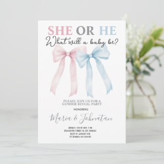 He or She Pink Blue Bow Baby Gender Reveal Invitation