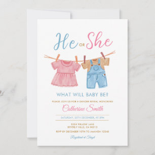 He or She Pink & Blue Clothesline Gender Reveal Invitation
