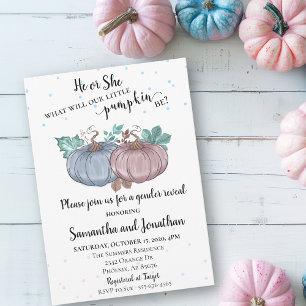 He or She Pink Blue Pumpkin Gender Reveal Autumn Invitation
