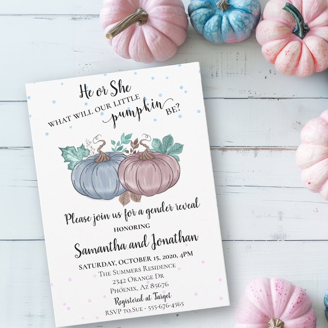 He or She Pink Blue Pumpkin Gender Reveal Autumn Invitation (Creator Uploaded)