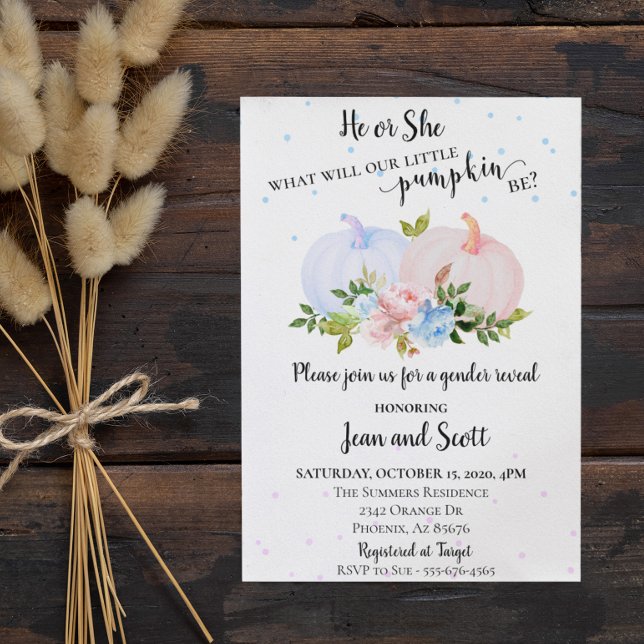 He or She Pink Blue Pumpkin Gender Reveal Autumn Invitation (Creator Uploaded)