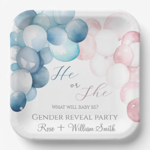 He or She Pink & Blue Watercolor Gender Reveal Paper Plate