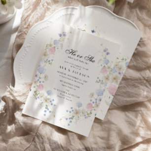 He or She Pink & Blue Wildflower Gender Reveal Invitation