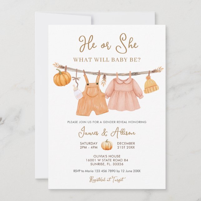 He or She Pumpkin Baby Clothes Gender Reveal  Invitation (Front)